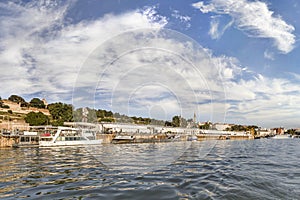 Belgrade Tourist Nautical Port on Sava River with Kalemegdan Park and Medieval Fortress Rampart