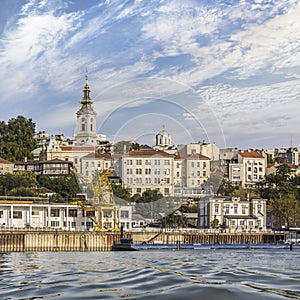 Belgrade Tourist Port with St. Michael`s Cathedral Bell Tower and Old Downtown Skyline