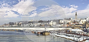 Belgrade Winter Snowy Panorama with Waterfront and City Downtown Skyline.