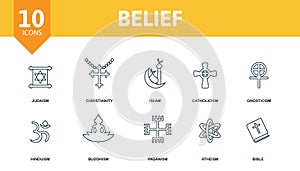 Belief icon set. Collection of simple elements such as the judaism, christianity, islam, catholicism, atheism, buddhism