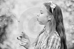 Beliefs about dandelion. Girl making wish and blowing dandelion nature background. Why people wish on dandelions