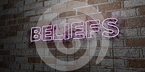 BELIEFS - Glowing Neon Sign on stonework wall - 3D rendered royalty free stock illustration