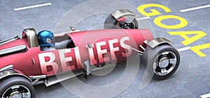 Beliefs helps reaching goals, pictured as a race car with a phrase Beliefs as a metaphor of Beliefs playing important role in