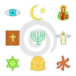 Beliefs icons set, cartoon style