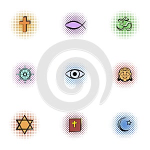 Beliefs icons set, pop-art style