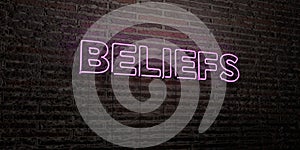 BELIEFS -Realistic Neon Sign on Brick Wall background - 3D rendered royalty free stock image