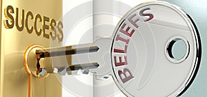 Beliefs and success - pictured as word Beliefs on a key, to symbolize that Beliefs helps achieving success and prosperity in life