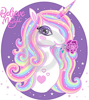 Believe in magic. A beautiful, rainbow unicorn with a rose.