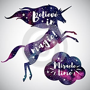 Believe in magic lettering, watercolor unicorn and cloud silhouette