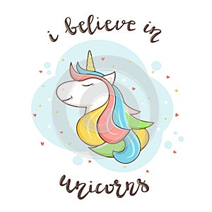 Believe in Unicorn on Blue Background