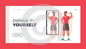 Believe in Yourself Landing Page Template. Male Character with Low Self Esteem, Loathing and Anger. Athlete Reflection