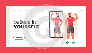 Believe in Yourself Landing Page Template. Male Character with Low Self Esteem, Loathing and Anger. Athlete Reflection photo