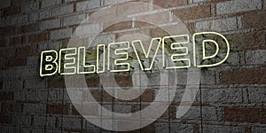 BELIEVED - Glowing Neon Sign on stonework wall - 3D rendered royalty free stock illustration