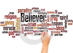 Believer word cloud and hand writing concept