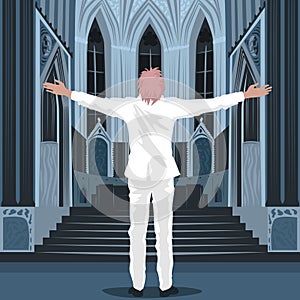 Believing man standing inside Cathedral Church photo
