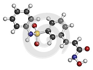 Belinostat cancer drug molecule. Histone deacetylase (HDAC) inhibitor. Atoms are represented as spheres with conventional color