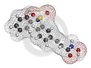 Belinostat cancer drug molecule. Histone deacetylase (HDAC) inhibitor. Atoms are represented as spheres with conventional color