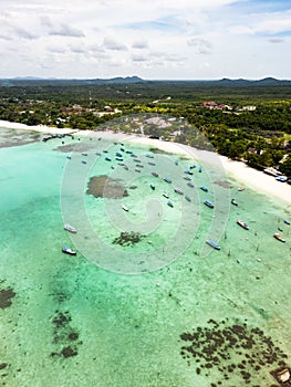 Belitung Kelayang beach and boats drone view