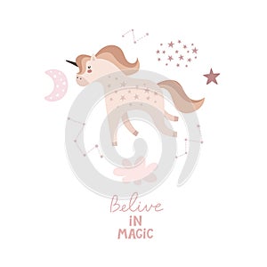 Belive in magic. cartoon unicorn, hand drawing lettering, decor elements. colorful vector illustration, flat style.