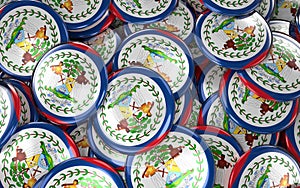 Belize Badges Background - Pile of Belizean Flag Buttons.