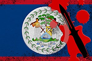 Belize flag and black tactical knife in red blood. Concept for terror attack or military operations with lethal outcome