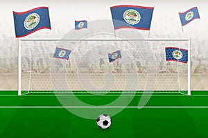 Belize football team fans with flags of Belize cheering on stadium, penalty kick concept in a soccer match