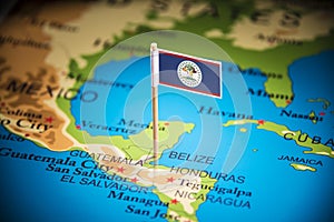 Belize marked with a flag on the map