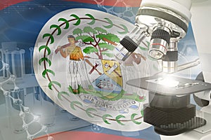 Belize science development digital background - microscope on flag. Research of pharmaceutical industry design concept, 3D