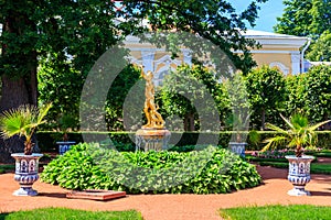 Bell fountain with a sculptural group Bacchus with a satyr near Monplaisir palace in lower park of Peterhof in St. Petersburg