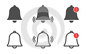 Bell icon collection. Notification bell set. Incoming message symbol. Phone application notice. Alarm clock in flat