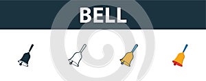 Bell icon set. Four elements in diferent styles from school icons collection. Creative bell icons filled, outline, colored and