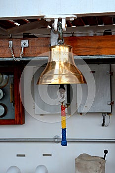 Bell. Marine Ship-School MIRCEA. Constanta harbor at Black Sea. Mast.