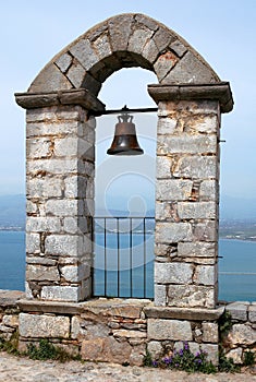 A bell at Palamidi Castle on a hill above Nafplio in Greece