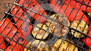 Bell pepper and eggplant roasted on the grill, close-up. Grilled vegetables