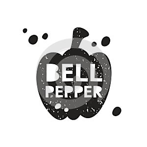 Bell pepper grunge sticker. Black texture silhouette with lettering inside. Imitation of stamp, print with scuffs