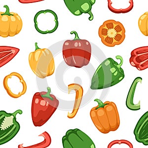 Bell pepper pattern. Seamless print of red green yellow ripe sliced raw and whole sweet vegetable, cartoon organic