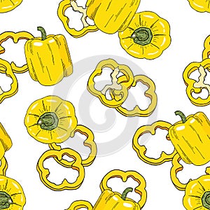 Bell pepper seamless pattern. Tasty yellow vegetables stock vector illustration. Hand drawn cartoon slices and whole peppers