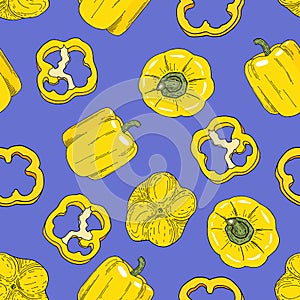 Bell pepper seamless pattern. Tasty yellow vegetables stock vector illustration. Hand drawn cartoon slices and whole peppers on