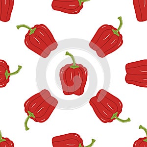 Bell pepper seamless pattern on white background. Yellow, green and red paprika, slices. Vector illustration of