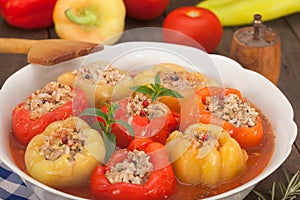 Bell peppers filled with minced meat, rice and vegetables