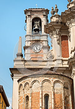 Bell rower of the Santo Stefano Protomartire church in the center of ancient village Appiano Gentile, province of Como, Italy photo