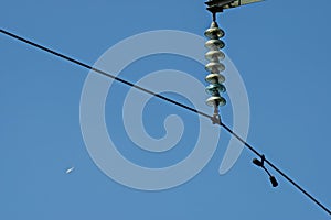 Bell-shaped insulator chain of electric power transmission line, Central Balkan mountain, Stara Planina