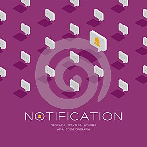 Bell sign in speech bubble message 3D isometric pattern, Notification alert concept poster and social banner post square design