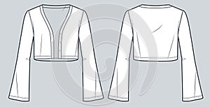 Bell Sleeve Cardigan technical fashion illustration. Crop Cardigan fashion flat technical drawing template, v neck, buttons