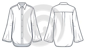 Bell Sleeve Shirt technical fashion Illustration. Classic Shirt fashion flat technical drawing template, button down, collar