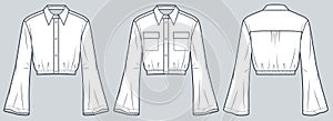 Bell Sleeve Shirt technical fashion Illustration. Cropped Shirt fashion flat technical drawing template, button-down collar