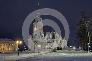 Bell Tower and Assumption Cathedral of Vladimir in Winter Dusk