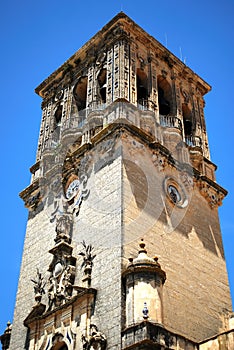 Bell Tower of the Basilica de Santa Maria in the Plaza del Cabildo, Arcos de la Frontera, Spain.