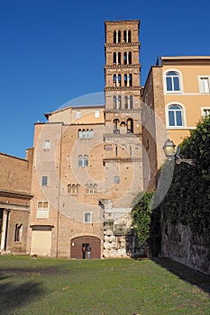 Bell tower of the Basilica of Saints John and Paul in Rome, Italy