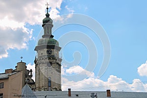 Bell tower of Bernardine Cathedral in the Old Town of Lviv, Ukraine